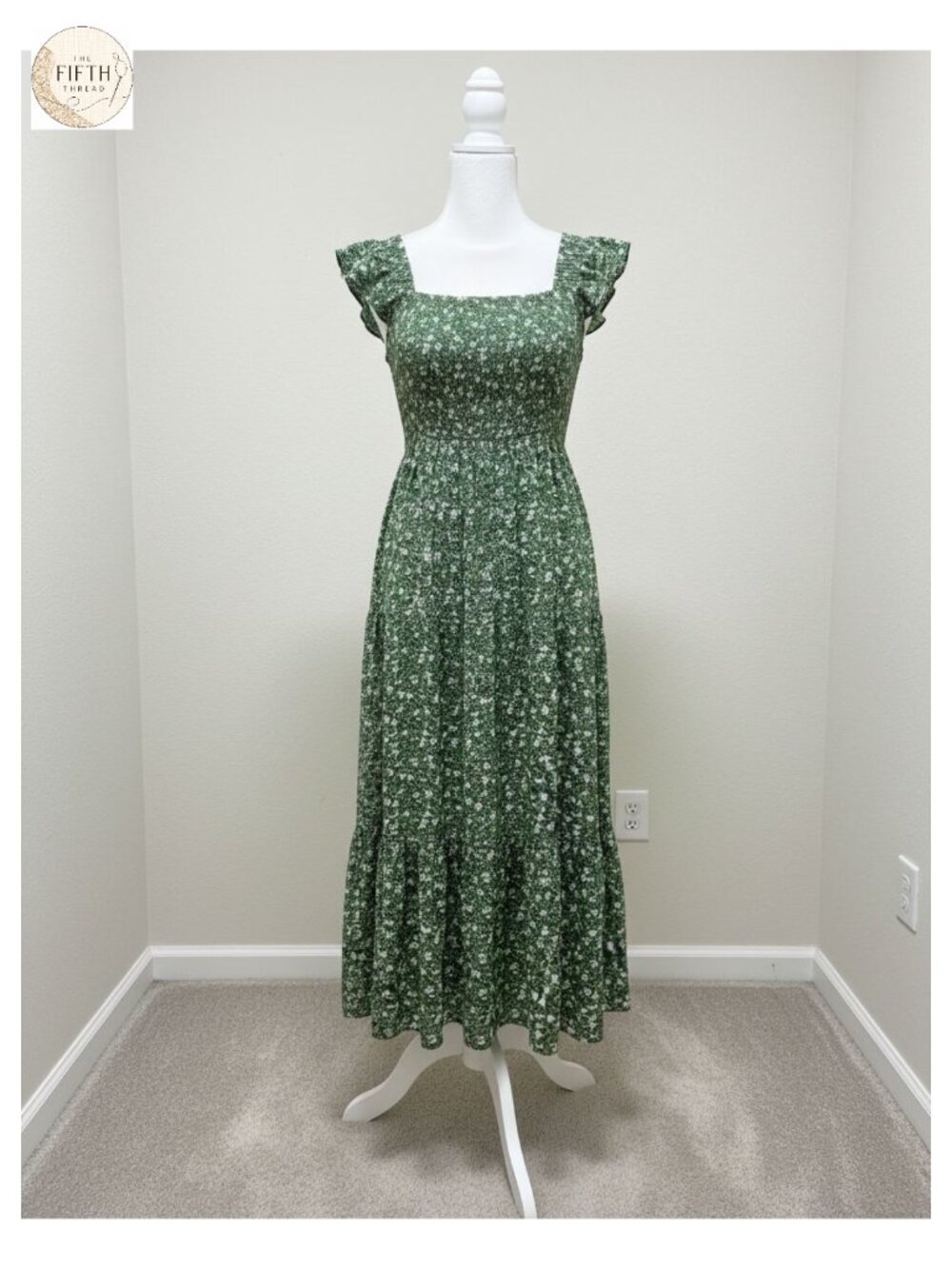 Boho Floral Midi Dress Ruffle Cap Sleeve Square Neck A-Line Wedding Guest